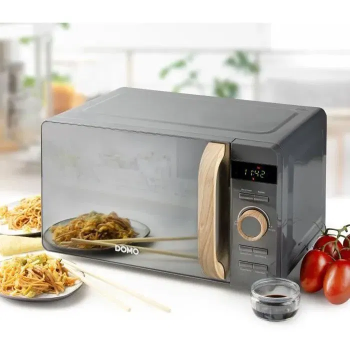 DOMO DO3420 Micro-ondes 20 L 700W 5 niveaux de puissance 8 programmes automatiques finition boisée gris dimensions L45,1 x P34,7 x H25,8 cm
