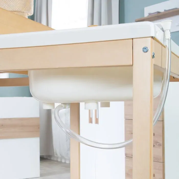 Roba Table à langer extensible avec baignoire coulissante Baby Pool et matelas à langer blanc - Bois naturel - 2 étagères - 6 roulettes - Norme EN 12221-1+2 - 100 x 83 x 56 cm