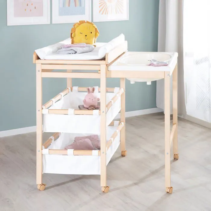 Roba Table à langer extensible avec baignoire coulissante Baby Pool et matelas à langer blanc - Bois naturel - 2 étagères - 6 roulettes - Norme EN 12221-1+2 - 100 x 83 x 56 cm