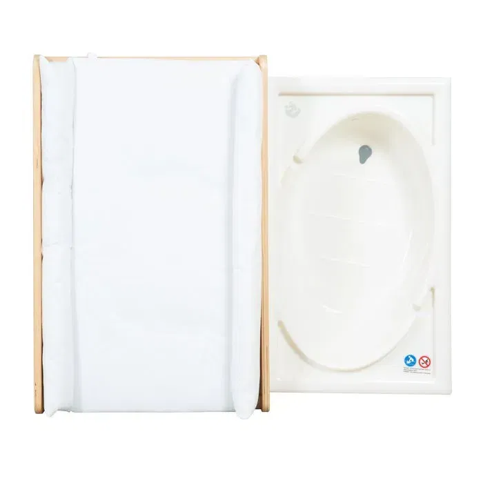 Roba Table à langer extensible avec baignoire coulissante Baby Pool et matelas à langer blanc - Bois naturel - 2 étagères - 6 roulettes - Norme EN 12221-1+2 - 100 x 83 x 56 cm
