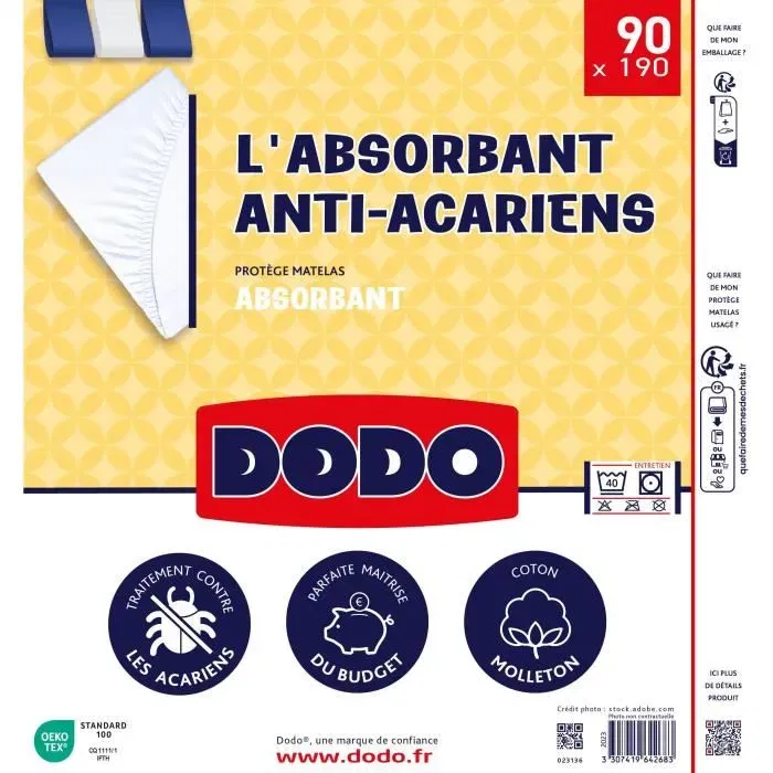 Dodo Housse de matelas anti-acariens 90x190 cm en coton absorbant - Protection contre les taches et les allergènes