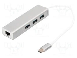 DIGITUS Hub USB 3.0 avec RJ45, 3x USB-A et 1x USB-C, Gris
