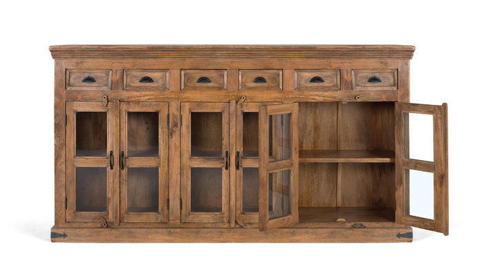 GINER Y COLOMER - Buffet haut en bois de manguier avec 6 portes vitrées et 6 tiroirs - Finition noisette - Dimensions : 72x37x? cm GINER Y COLOMER - Buffet haut en bois de manguier avec 6 portes vitrées et 6 tiroirs - Finition noisette - Dimensions : 72x37x? cm