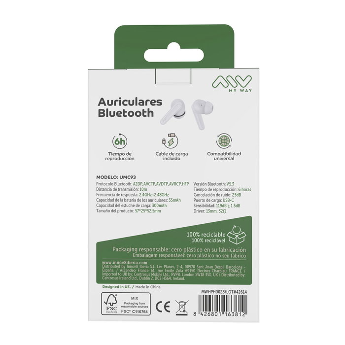 Écouteurs in Ear Bluetooth Myway MWHPH0028 Blanc