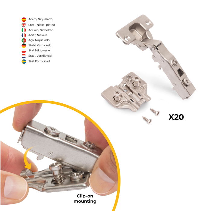Emuca Lot de 20 charnières droites X91 avec fermeture amortie et embases euro, hauteur 0, acier, nickelé Emuca Lot de 20 charnières droites X91 avec fermeture amortie et embases euro, hauteur 0, acier, nickelé