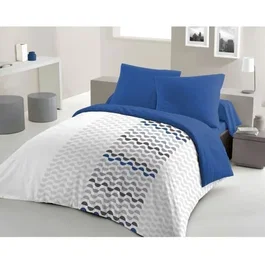 Home Linge Passion Parure de couette microfibre AMBROISIE 240 x 260 cm + 2 taies 63 x 63 cm - Bleu - Housse imprimée élégante pour lit deux personnes