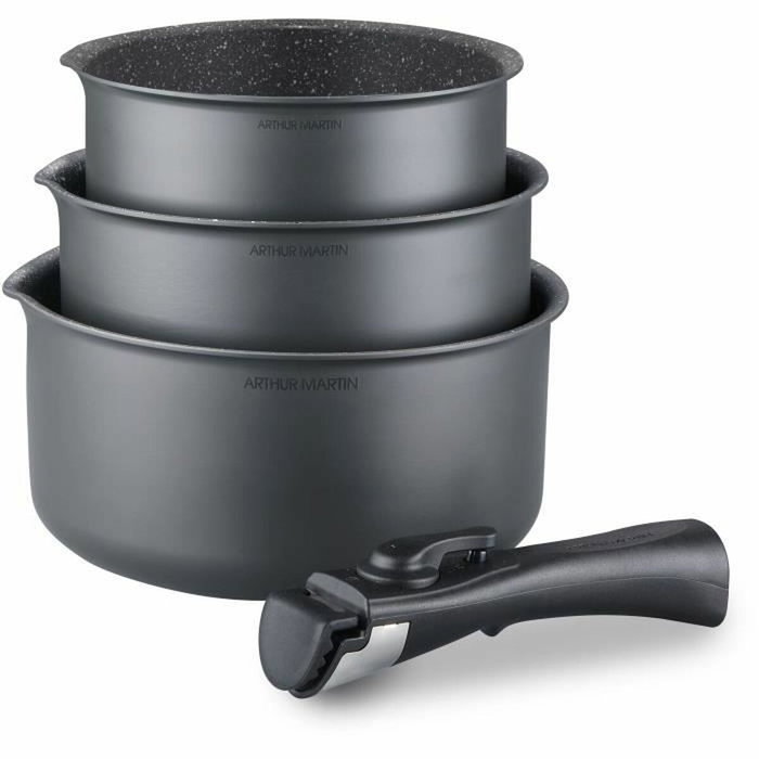 Arthur Martin Set de 3 casseroles Gris Mat (16-18-20 cm) avec poignée amovible