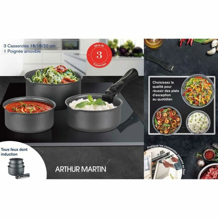 Arthur Martin Set de 3 casseroles Gris Mat (16-18-20 cm) avec poignée amovible