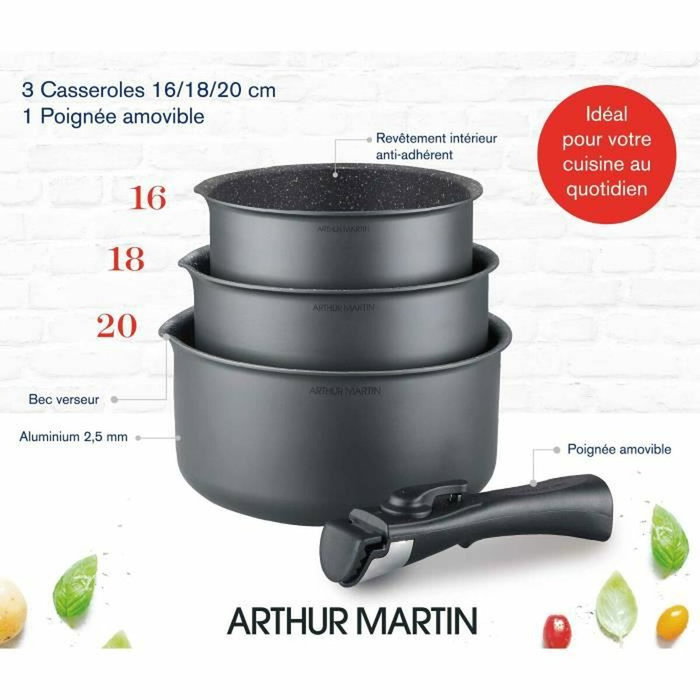 Arthur Martin Set de 3 casseroles Gris Mat (16-18-20 cm) avec poignée amovible