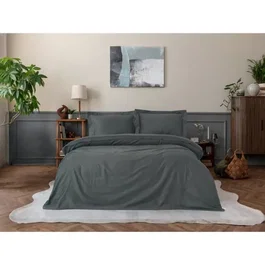 Parure de lit King en satin de coton 100%, 210 fils, anthracite - 1 housse de couette 220x240 cm + 2 taies d'oreiller 60x60 cm