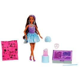 Barbie - Poupée Barbie Party Unboxed Série Glam Party - Muñeca avec 10 Surprises, Serviette, Masque et Accessoires - Version Espagnole - Référence Jfy66 - Mattel