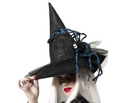 Witch's Hat Adult Black with Blue Spider and Tulle, Large Blue Spider Decoration for Halloween Costume, Theme Party, Theater Performance