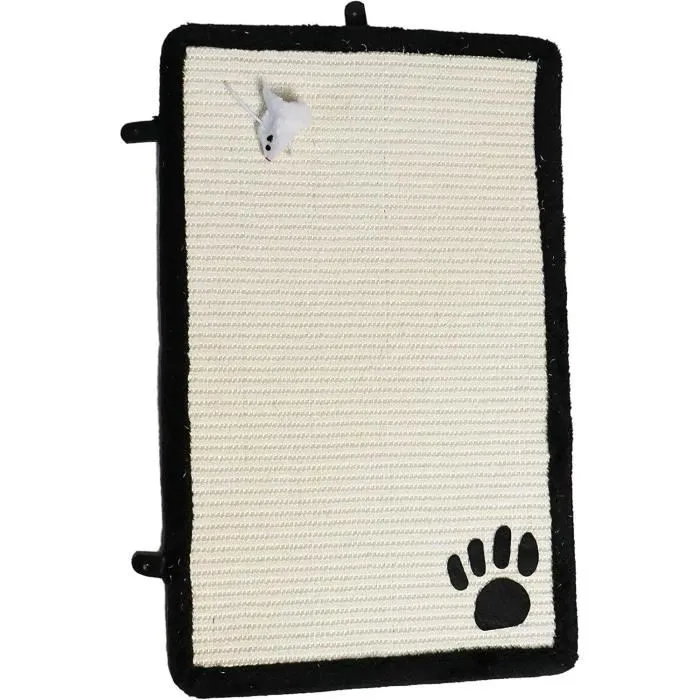 AIMÉ Tapis Griffoir pour Chat 35 x 55 cm avec Jouet Souris Suspendu, Sisal et Peluche Noire, Motif Patte