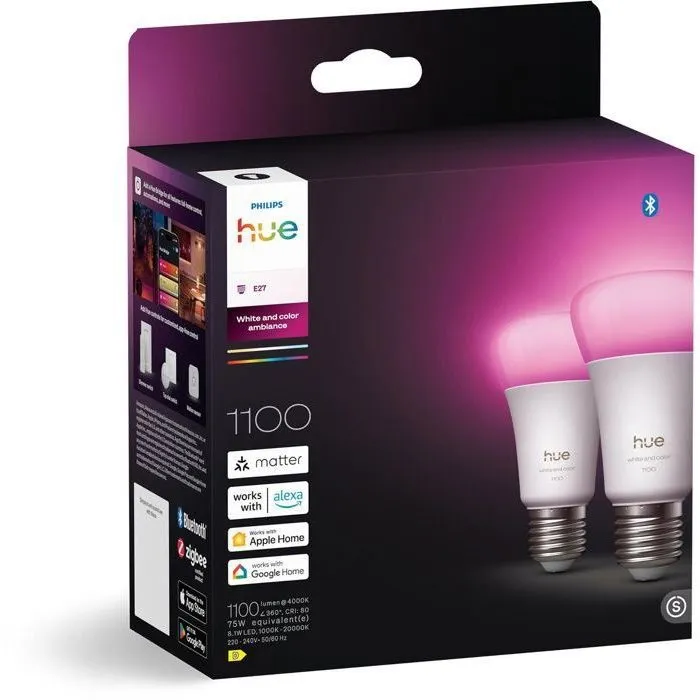 Philips Hue - Pack de 2 ampoules LED connectées E27 A60 8.1W - Lumiere blanche (1000-2000K) et couleur - 1100 lumens - Avec technologie Chromasync Philips Hue - Pack de 2 ampoules LED connectées E27 A60 8.1W - Lumiere blanche (1000-2000K) et couleur - 1100 lumens - Avec technologie Chromasync