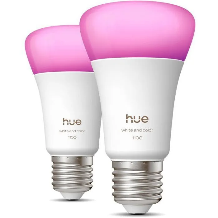 Philips Hue - Pack de 2 ampoules LED connectées E27 A60 8.1W - Lumiere blanche (1000-2000K) et couleur - 1100 lumens - Avec technologie Chromasync Philips Hue - Pack de 2 ampoules LED connectées E27 A60 8.1W - Lumiere blanche (1000-2000K) et couleur - 1100 lumens - Avec technologie Chromasync