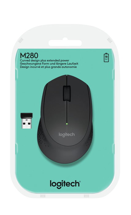 Logitech M280 - Souris sans fil optique 1000 DPI pour droitiers, autonomie 18 mois, nano-récepteur USB, compatible Windows/Mac/Chrome/Linux/Chromebook, Noir