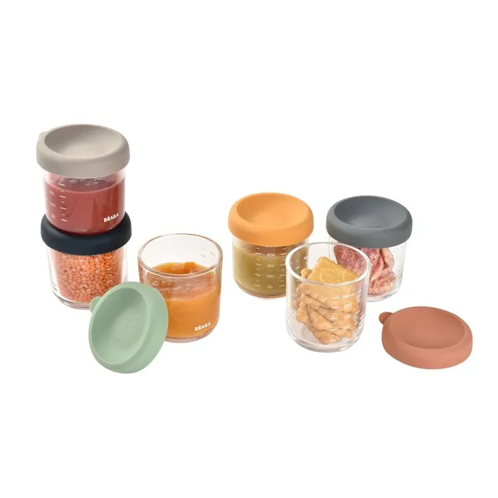 Beaba Sunrise - Coffret de 6 Portions en Verre de 250 ml pour Purées et Compotes Bébé - Récipients Résistants, Inertes, sans Odeurs