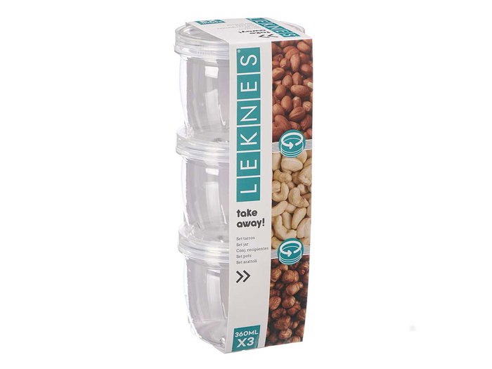 Leknes Set de 3 pots en plastique transparent 360 ml - 9x23x9 cm (Set de 24) Leknes Set de 3 pots en plastique transparent 360 ml - 9x23x9 cm (Set de 24)