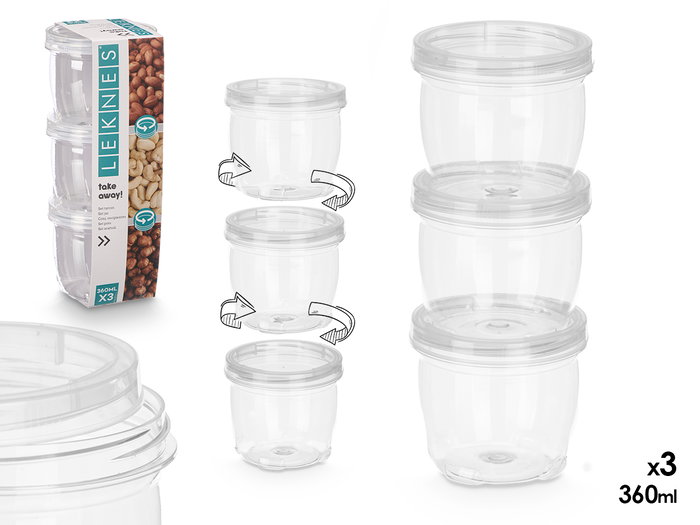 Leknes Set de 3 pots en plastique transparent 360 ml - 9x23x9 cm (Set de 24) Leknes Set de 3 pots en plastique transparent 360 ml - 9x23x9 cm (Set de 24)