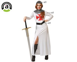 Disfraz - Costume Femme Adulte Blanc Chevalier des Croisades - Tunique Longue avec Capuche et Ceinture - Taille M-L