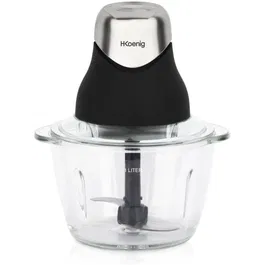 H.Koenig LEO8 - Mini hachoir électrique 320 W, bol en verre gradué 1 L (capacité 500 mL), lames en acier inoxydable, finition noir mat et chrome