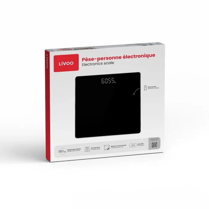 Livoo DOM524N Pèse-personne électronique avec écran LED et verre trempé