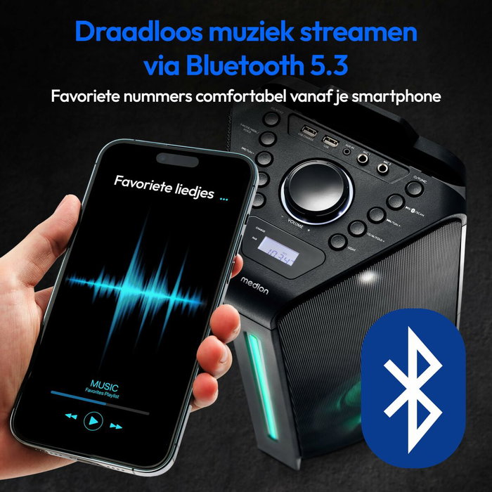 Medion Enceinte Bluetooth 5.3 avec micro, effets lumineux et fonctions karaoké Medion Enceinte Bluetooth 5.3 avec micro, effets lumineux et fonctions karaoké