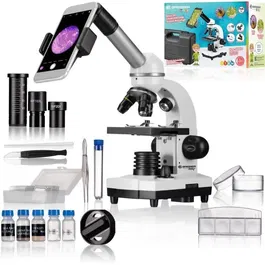 Bresser SEL Microscope Biologique pour Étudiant, Zoom Barlow 40x-1600x, Éclairage LED, Support Smartphone, Coffret Rigide avec Kit d'Expérimentation