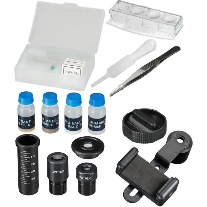 Bresser SEL Microscope Biologique pour Étudiant, Zoom Barlow 40x-1600x, Éclairage LED, Support Smartphone, Coffret Rigide avec Kit d'Expérimentation