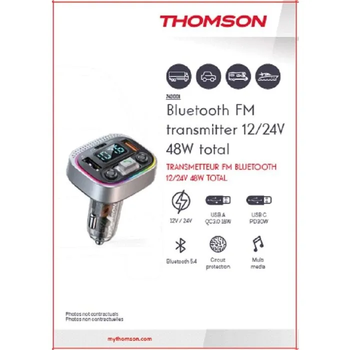 Transmetteur FM Bluetooth 5.4 Thomson 12/24V 48W - Charge rapide QC 3.0 et PD 30W - Fonction mains libres et assistant vocal