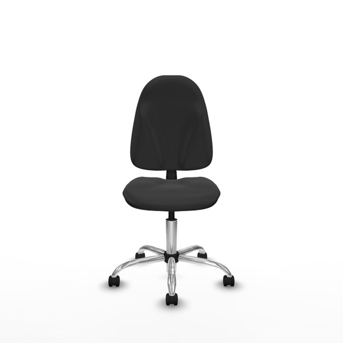 Chaise de bureau Algarra avec mécanisme Contact permanent de base, revêtue de similicuir gris foncé. Équipée d'un piètement chromé, sans accoudoirs et de roulettes en nylon de 50 mm Chaise de bureau Algarra avec mécanisme Contact permanent de base, revêtue de similicuir gris foncé. Équipée d'un piètement chromé, sans accoudoirs et de roulettes en nylon de 50 mm