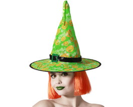 Chapeau de sorcière vert avec citrouilles oranges et boucle noire XL