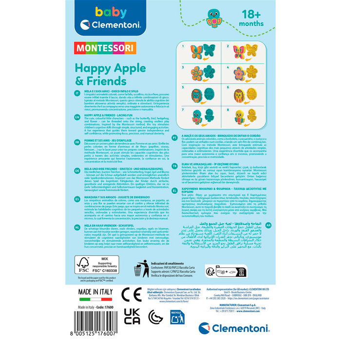 Clementoni Jeu Montessori Manzana 17600 pour Enfants à Partir de 18 Mois - Création de Bracelets avec Enfilage de Perles de Couleurs