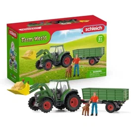 Schleich 42608 - Coffre Tracteur et Remorque de la Ferme avec 1 Tracteur, 1 Remorque, 1 Figurine Humaine Articulée et 1 Figurine de Chien - Jouet pour Enfants dès 3 Ans