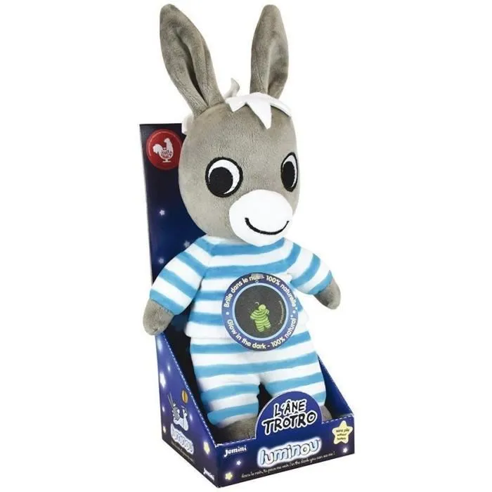 Jemini TROTRO - Peluche photoluminescente rassurante pour enfant, fonctionne sans pile - 25 cm - Blanc et bleu - Chargement à la lumière