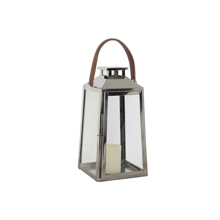 DKD Home Decor Lanterne Marron Argenté Cuir Verre Acier Chrome 20 x 20 x 40 cm