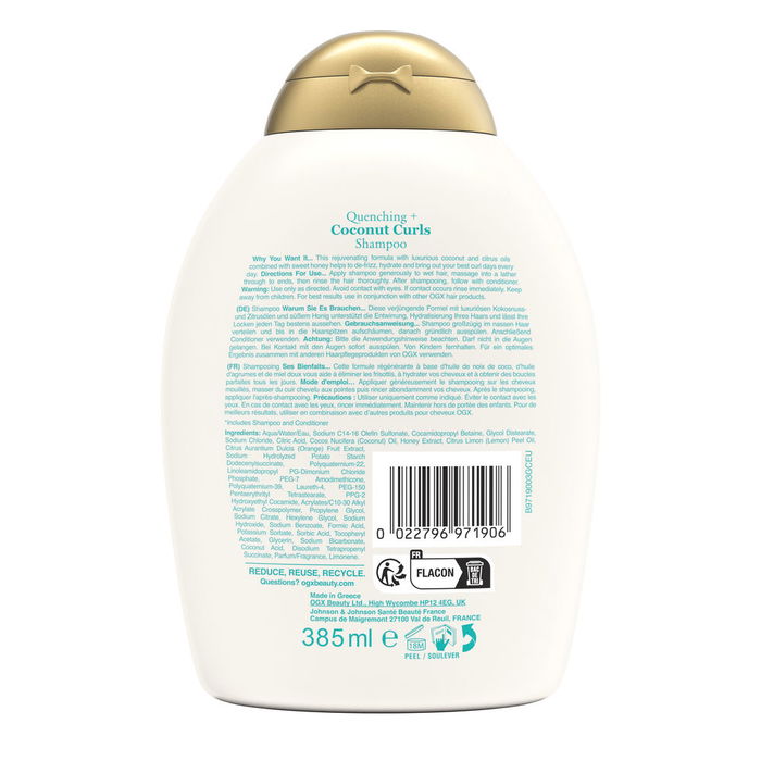 Ogx Shampoing cheveux COCONUT CURLS 385 ml pour Cheveux Bouclés, Hydratation et Définition