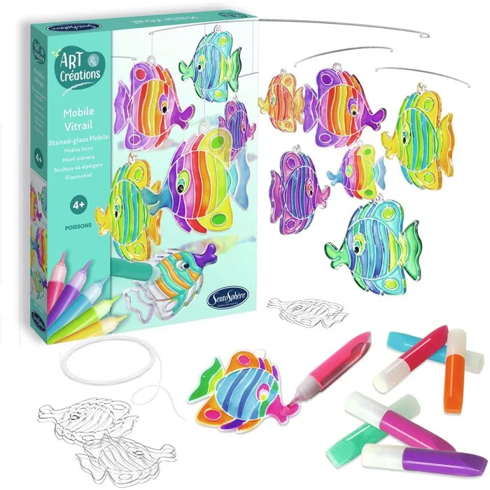 Sentosphere - Art & Créations Mobile Vitrail Poissons - Activité Créative Facile et Décorative - Kit Loisir Enfant dès 4 ans