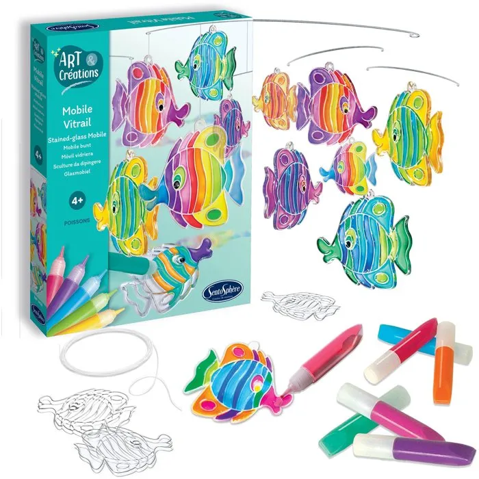 Sentosphere - Art & Créations Mobile Vitrail Poissons - Activité Créative Facile et Décorative - Kit Loisir Enfant dès 4 ans