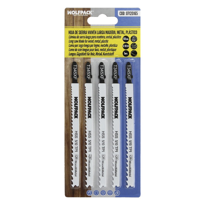 WOLFPACK LINEA PROFESIONAL Lot de 5 lames longues pour scie sauteuse, bois/métal/plastique WOLFPACK LINEA PROFESIONAL Lot de 5 lames longues pour scie sauteuse, bois/métal/plastique