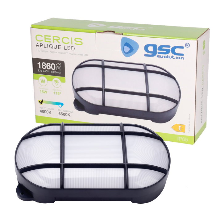 GSC Evolution Applique LED ovale Cercis avec grille, 15W, 4000K, Noir