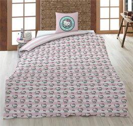 SANRIO Housse de couette Hello Kitty 140x200 cm + housse d'oreiller 65x65 cm - 50% coton 50% polyester pour lit 90 cm