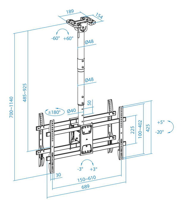Tooq LPCE2286TSLI-B Support Plafond Double pour 2 TV 43"-86" VESA 200x200 à 600x400, Inclinable, Rotation, Noir