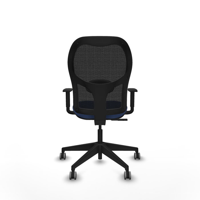Chaise Alocén Synchro 3 positions tissu Bleu foncé Maille Noir Base pyramidale noire Accoudoir 1D Sans appui-tête Roulettes 65mm pour moquette