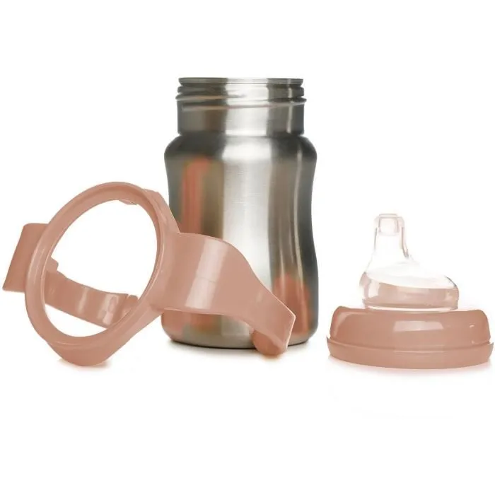 Thermobaby Tasse d'apprentissage en inox 180 ml, pêche - Anti-fuites, ergonomique avec anses et tétine silicone douce, sans BPA