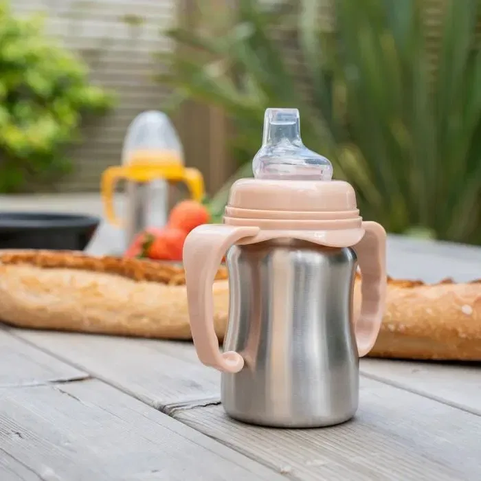 Thermobaby Tasse d'apprentissage en inox 180 ml, pêche - Anti-fuites, ergonomique avec anses et tétine silicone douce, sans BPA