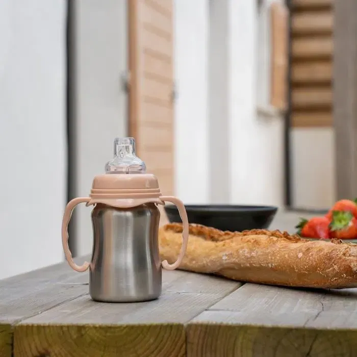 Thermobaby Tasse d'apprentissage en inox 180 ml, pêche - Anti-fuites, ergonomique avec anses et tétine silicone douce, sans BPA