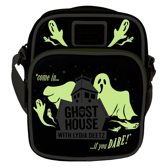 Loungefly Sac bandoulière Ghost House Beetlejuice 2 en cuir vegan avec compartiment à fermeture et détails brillants, réglable