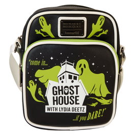 Loungefly Sac bandoulière Ghost House Beetlejuice 2 en cuir vegan avec compartiment à fermeture et détails brillants, réglable
