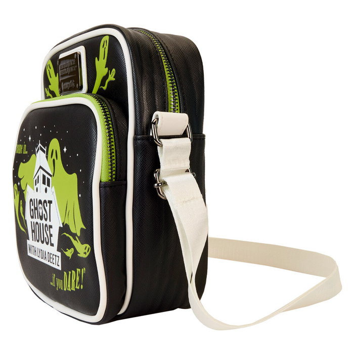 Loungefly Sac bandoulière Ghost House Beetlejuice 2 en cuir vegan avec compartiment à fermeture et détails brillants, réglable